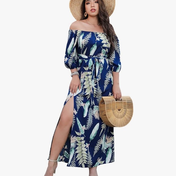 Off-Shoulder Blue Maxi Dress with Leaf Print - Picture 1 of 4